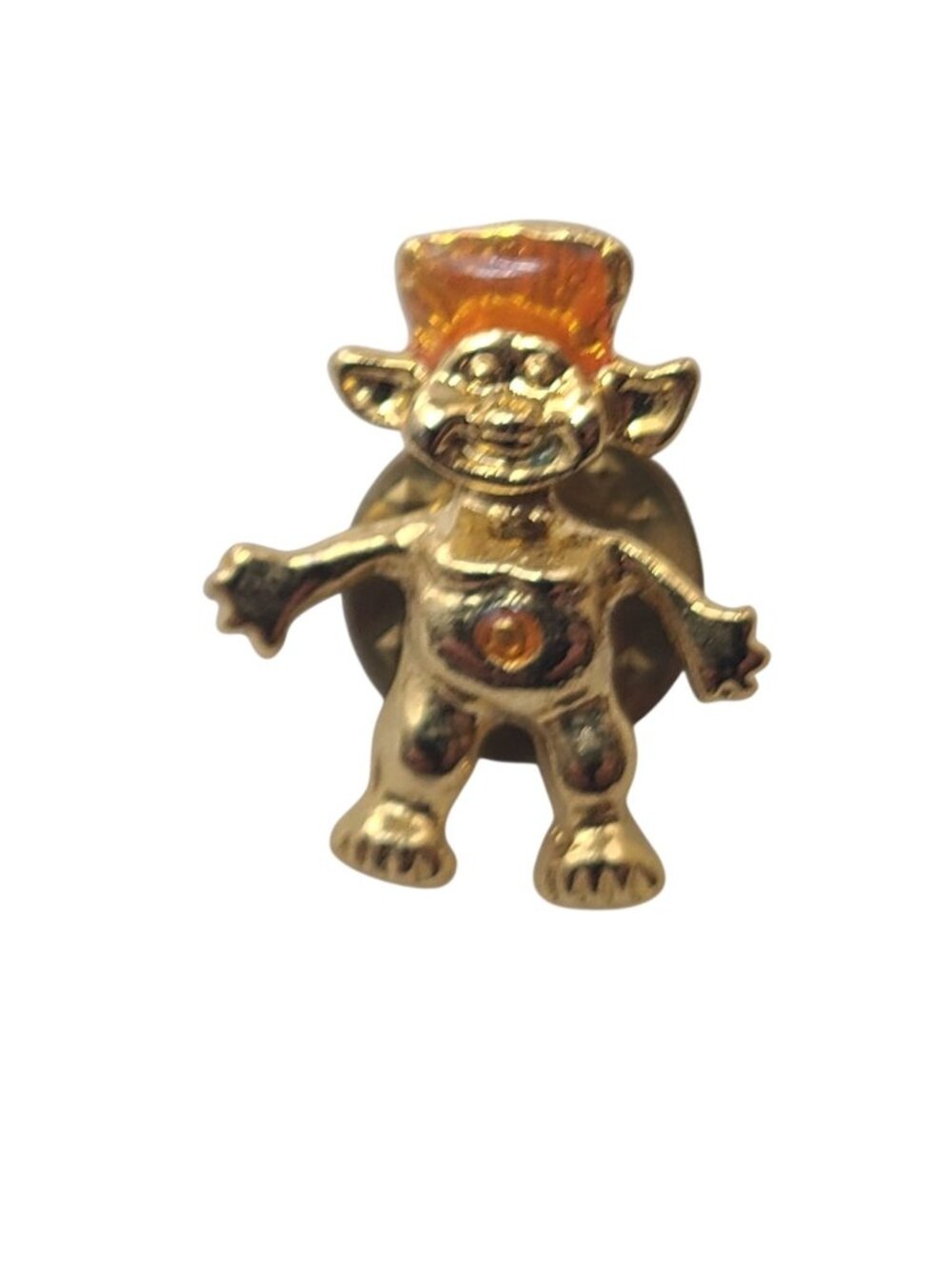 Vintage Gold Tone Troll Doll Lapel Pin Tie Tack Orange Hair Tummy Gem